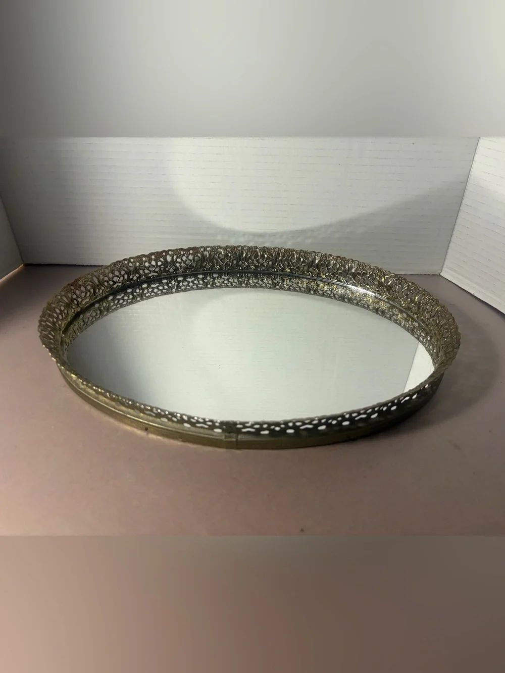 Vintage Decorative Mirrored Tray in Brass Tone
